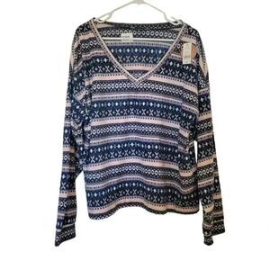 Dip Women's Navy & Pink Poly Fleece Nordic V-Neck Long Sleeve Sleep Top NEW